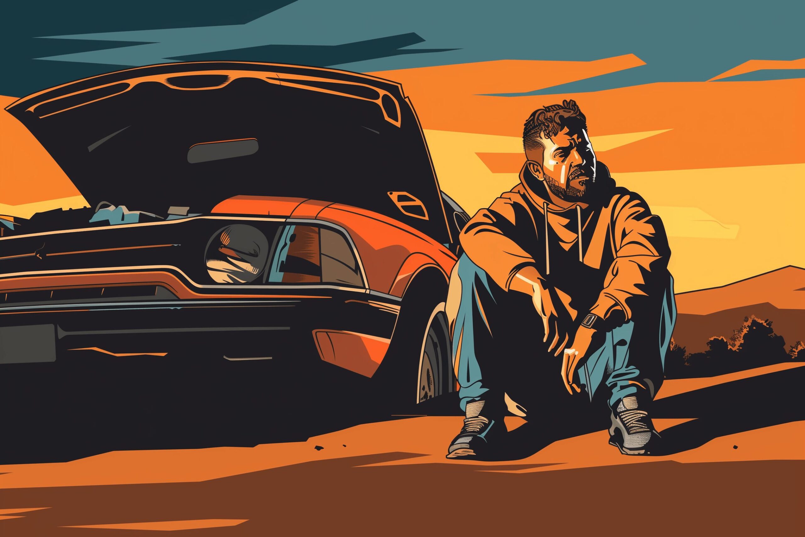 A confused man sitting next to a car with an open hood
